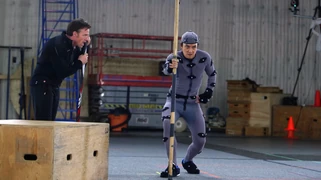 Wu in motion capture clothing, acting a scene as Gul'dan