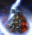 Thrall holding the Doomhammer to the sky.