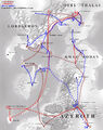 Main battle sites and war paths of the Second War.