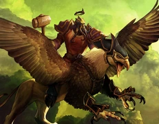 A draenei priest riding a gryphon in the TCG.