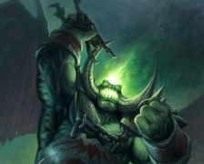 A pit lord crushing a human in the TCG.