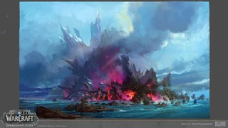 Concept art of a landscape shaped by primal elemental forces.