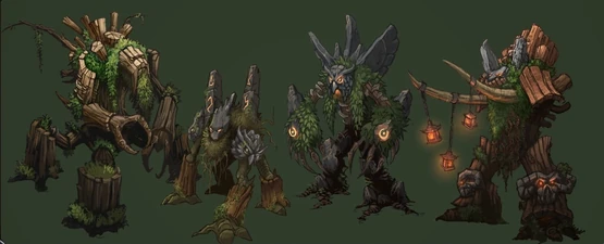 Concept of ancients: a tree of life, an (early) ancient of wonders, an ancient of wind, and an (armless) ancient of war