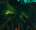 The halves of Mannoroth's two-bladed spear hovering in Demon Fall Canyon, Ashenvale.