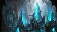 Artwork of the interior of Icecrown Citadel and the spire leading up to the Frozen Throne, as seen in World of Warcraft: Wrath of the Lich King.