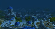 A nighttime view of the Stormwind City from the top of Stormwind Keep