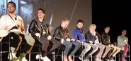 Panelists at press movie panel; Duncan Jones, Toby Kebbell, Ben Foster, Dominic Cooper, Clancy Brown, Daniel Wu, and Paula Patton (Chris Hardwick to the left of Duncan Jone was out of frame)