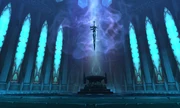Frostmourne on its pedestal inside the Halls of Reflection