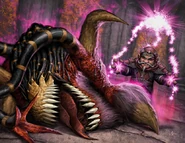 A warlock casting Shadows of Death, presumably in order to bring his demonic minion back from the dead.