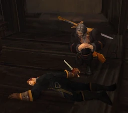Genn kneeling over Liam's body within Greymane Court.