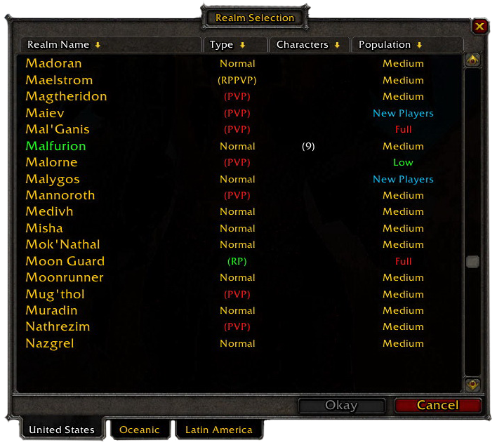 Server list wow