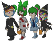 Creepie TreatTricker, Minty Zaki, Minty Sakura and Mellisa Gummy-Goober trick or treating by Ami670