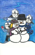 Appearance in a Winter edition seasonal card with his Glacier siblings and a snowman couple.