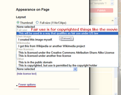 The license selection in the image addition tool, with {{fairuse}} highlighted and explained; a tooltip is displayed with the template name as the mouse is hovering over the license