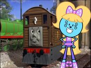 Shine posing with Toby the Tram Engine