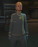 A MEC Trooper wearing her Base Augments and dress uniform.