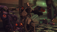 A MEC Trooper in a MEC hits a Mechtoid in the face.