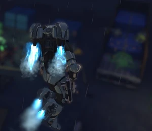 A soldier in Archangel Armor hovers over the battlefield.