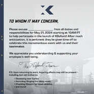 The work leave note created for the launch of XDefiant.[2]