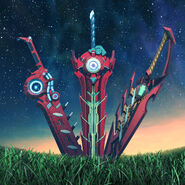 Xenoblade Chronicles 3 Artwork of Pyra's Aegis Sword with the Monado Replica EX+ and Noah's Lucky Seven