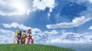 Rex, Pyra, Mythra, and Nia observing the World Tree