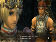 Reyn criticizing Shulk for not thinking right, saying he's useless on his own.