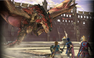 Shulk, Marth and Link facing the Rathalos Assist Trophy