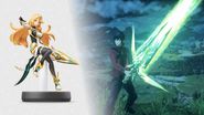 Mythra amiibo and her Aegis Sword in Xenoblade Chronicles 3