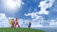Rex, Pyra, Mythra, and Nia on the title screen