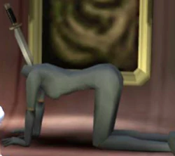 Albedo's chair of a beheaded naked woman on all fours with a sword in its neck.