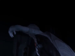 Albedo's neck bleeds as he slices his throat and head off.