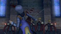 Febronia's head being beaten by a Combat Realian's rod.