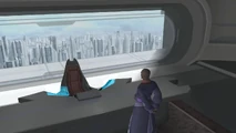 Helmer in his office, with a view of Second Miltia's skyline.