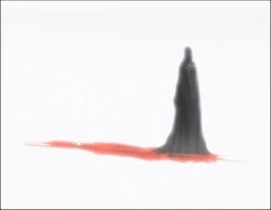 A black-cloaked figure stands over a pool of blood against a white background.