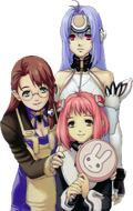 Girls.png (895 KB) MOMO, holding a Bunnie frying pan, with KOS-MOS and Shion.