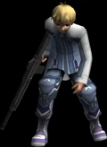 A standard U.R.T.V. model, holding a rifle.
