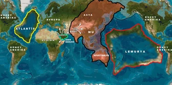 Atlantis(A colony of MU) and MU/Lemurya and the the highlighted green land which was bigger was the babylon mega-city which had 2 colonies which were MU and Atlantis