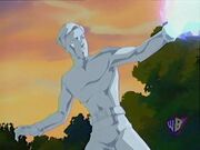 Iceman shoots an ice blast, in his ice body armor.