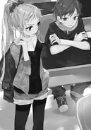 Volume 5-2.png (1.24 MB) When she chanced upon Hachiman in a prep school, she wore a T-shirt, leggings, jean shorts, a jacket and the T-shirt had a low V shaped neckline. She also carried a backpack to prep school.