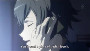 Hachiman speaking to Zaimokuza on the phone.