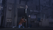 Makoto feels scared carrying Majima's right leg.