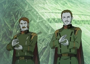 Defence Secretary Welte Talan (right) wore a green uniform that was only slightly lighter in color than that of the empire military officers (left)