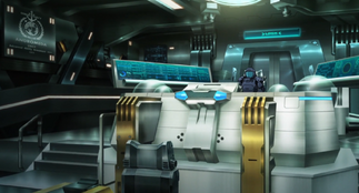 Yamanami standing alone aboard the Andromeda Kai'"`UNIQ--nowiki-0000002E-QINU`"''s bridge