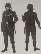 National Security Police personnel wear hip-length black coats with a pronounced red collar trim, full-forearm stiff gloves, full-length helmets with red peak accent and black opaque visors.