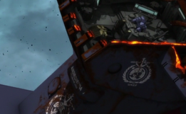 Yamanami clutching onto the console after Andromeda'"`UNIQ--nowiki-00000031-QINU`"''s bridge is torn open