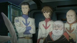 Okita and his men listen to Mamoru Kodai's message