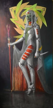 A painting of Saberah by , depicting her with green skin