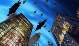White Comet and Gatlantis fleet over city