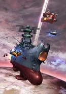 Yamato is escorted by its fighters and the Gevaldes class ship Mirangal above Shambleau.