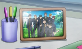 A picture depicting Domon, his friends, and Seiya Kitano